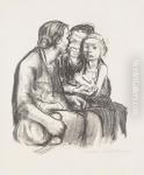 Zwei Schwatzende Frauen Mit Zwei Kindern Oil Painting by Kathe Kollwitz