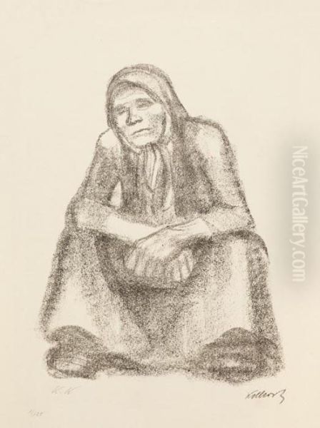 Hockende Frau Von Vorne Mit Ubereinander Gelegten Handen Oil Painting by Kathe Kollwitz