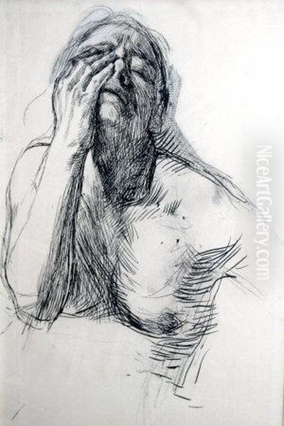 Unfinished Study Of A Woman With Her Head In One Hand Oil Painting by Kathe Kollwitz