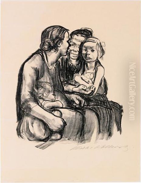 Zwei Schwatzende Frauen Mit Zwei Kindern Oil Painting by Kathe Kollwitz