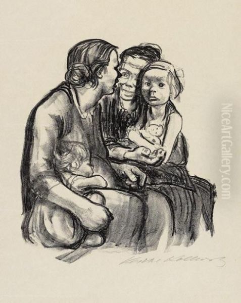 Zwei Schwatzende Frauen Mit Zwei Kindern (endgultige Fassung) Oil Painting by Kathe Kollwitz