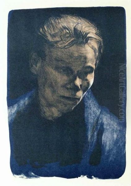 Brustbild Einer Arbeiterfrau Mit Blauem Tuch Oil Painting by Kathe Kollwitz