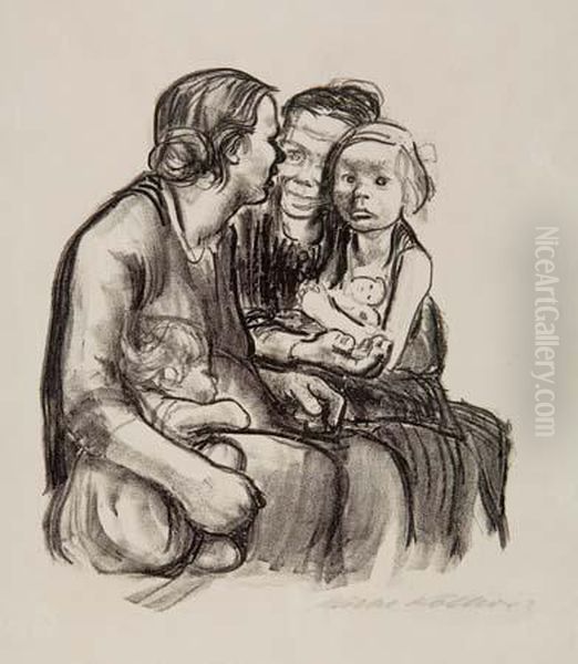 Zwei Schwatzende Frauen Mit Zwei Kindern Oil Painting by Kathe Kollwitz