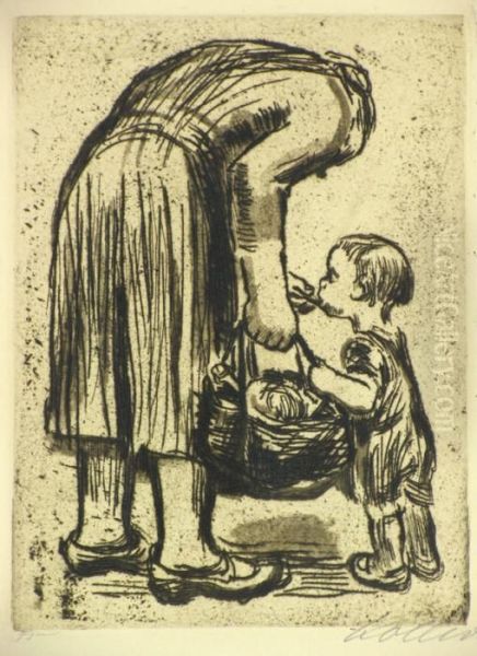 Stehende Mutter, Ihr Bublein Futternd Oil Painting by Kathe Kollwitz