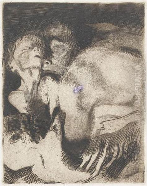 Tod Und Frau Um Das Kind Ringend. Oil Painting by Kathe Kollwitz