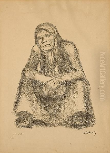 Hockende Frau Von Vorne Mit Ubereinandergelegten Handen, From Freie Secession Portfolio Oil Painting by Kathe Kollwitz