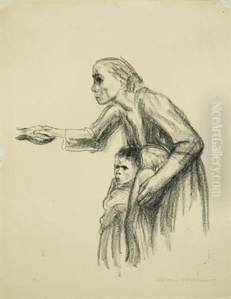 Frau Vertraut Sich Dem Tode An Oil Painting by Kathe Kollwitz