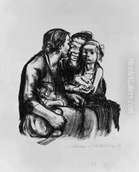 Zwei Schwatzende Frauen Mit Zwei Kindern Oil Painting by Kathe Kollwitz