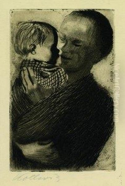 Mutter Mit Kind Auf Dem Arm. 
1910. Line Etching And Dry Point Etching On Copperprint Paper. 20 X 13cm
 . Signed Oil Painting by Kathe Kollwitz