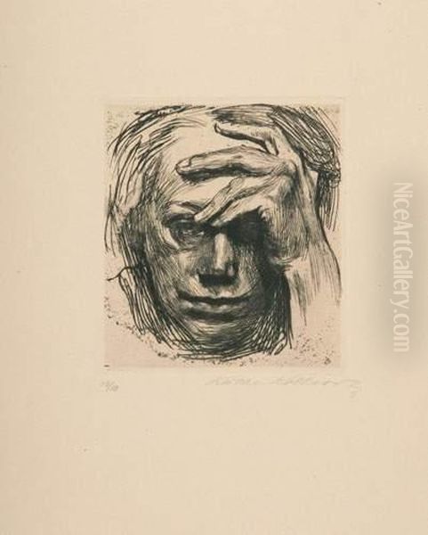 Selbstbildnis Mit Der Hand An Der Stirn. Oil Painting by Kathe Kollwitz