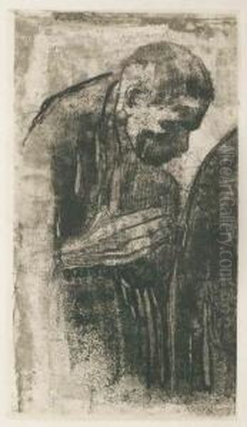 Trauernder Mann. 1919. Radierung
 Und Vernis-mou In Dunkelbraun. 27,9 X 15,7 Cm. Spaterer Druck Oil Painting by Kathe Kollwitz