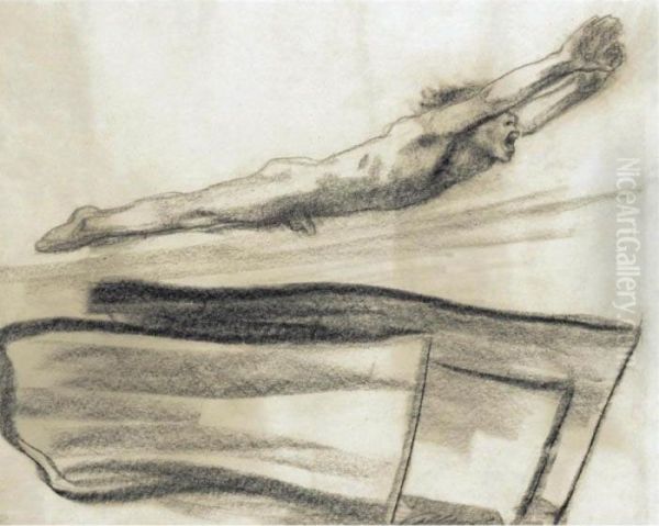 Fahnen, Drei Fahnen, Daruber 
Eine Nach Rechts Aufwarts Schwebende Nackte Mannliche Gestalt (flags, 
Three Flags, A Naked Male Figure Floating Above Them) Oil Painting by Kathe Kollwitz