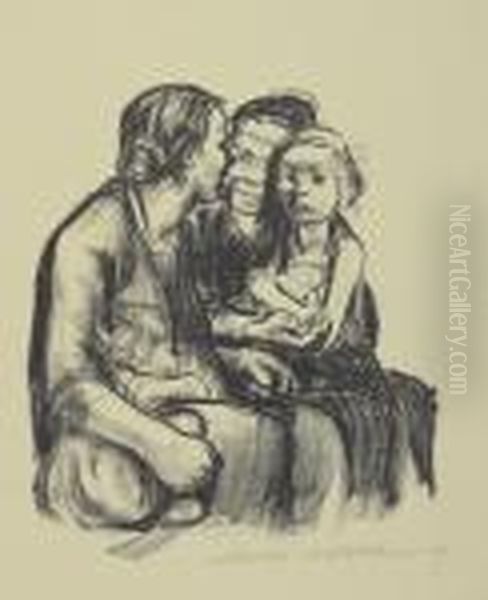 Zwei Schwatzende Frauen Mit Zwei Kindern. Endgultige Fassung Oil Painting by Kathe Kollwitz