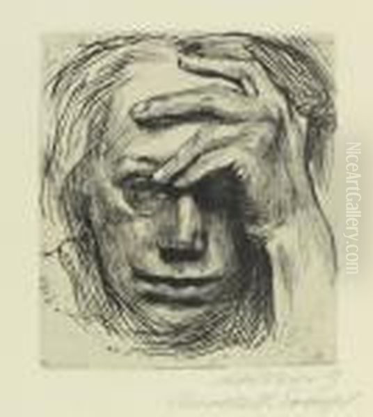 Selbstbildnis Mit Der Hand An Der Stirn Oil Painting by Kathe Kollwitz