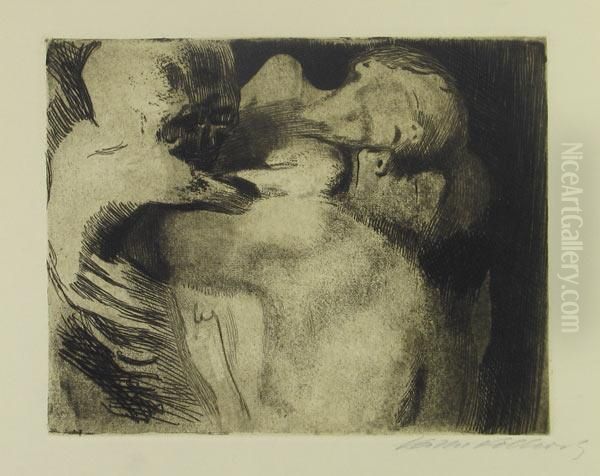 Tod Und Frau Um Das Kind Ringend Oil Painting by Kathe Kollwitz