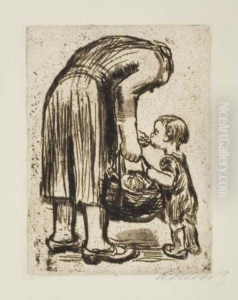 Stehende Mutter, Ihr Bublein Futternd Oil Painting by Kathe Kollwitz