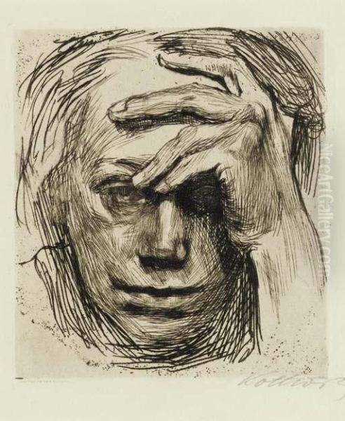 Selbstbildnis Mit Der Hand An Der Stirn Oil Painting by Kathe Kollwitz