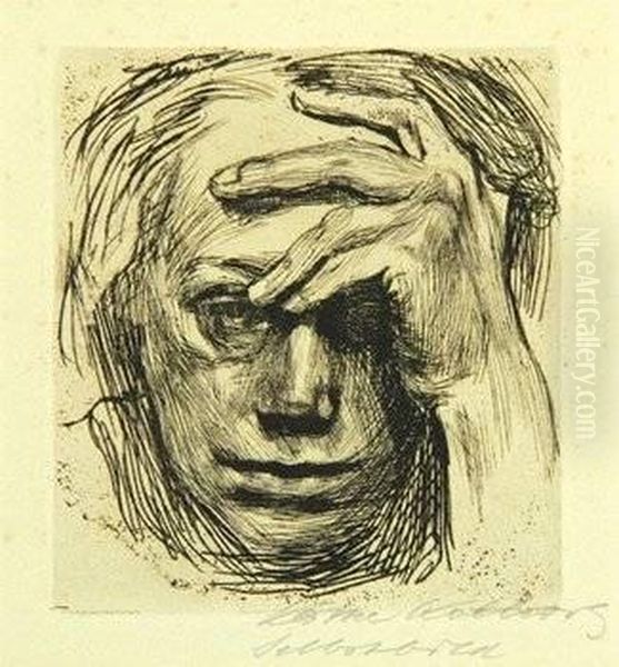 Selbstbildnis Mit Der Hand An Der Stern Oil Painting by Kathe Kollwitz