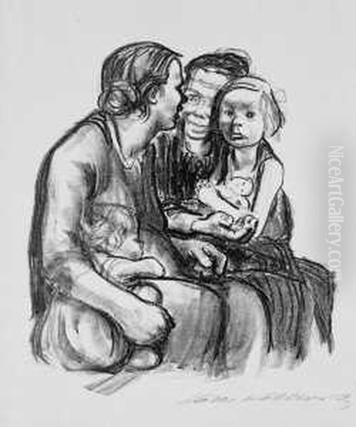 Zwei Schwatzende Frauen Mit Zwei Kindern Oil Painting by Kathe Kollwitz