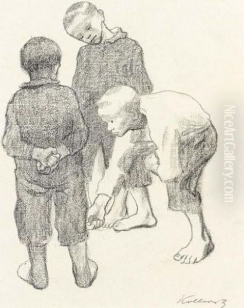 Drei Knaben Beim Murmelspiel Oil Painting by Kathe Kollwitz