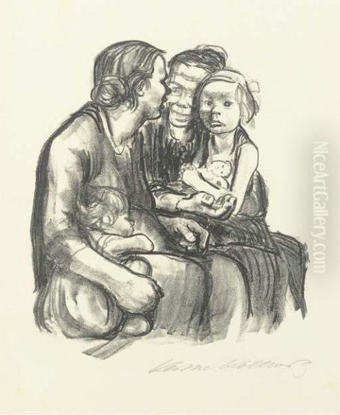 Zwei Schwatzende Frauen Mit Zwei Kindern Oil Painting by Kathe Kollwitz