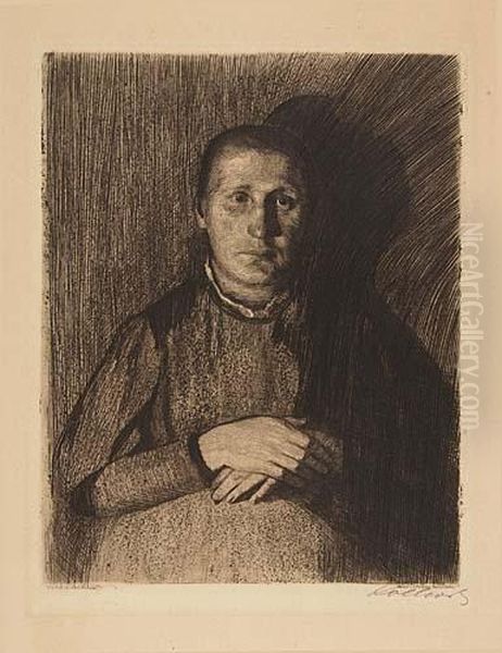 Frau Mit Uberandergelegten Handen<</b> Oil Painting by Kathe Kollwitz