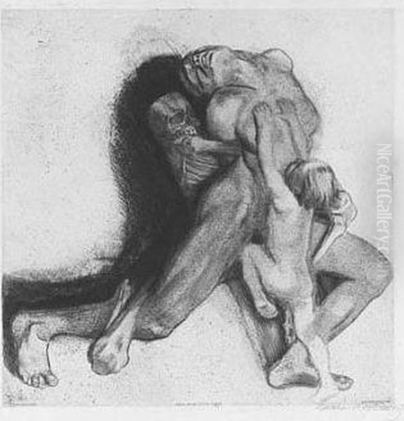 Tod Und Frau (k. 103/vii) Oil Painting by Kathe Kollwitz