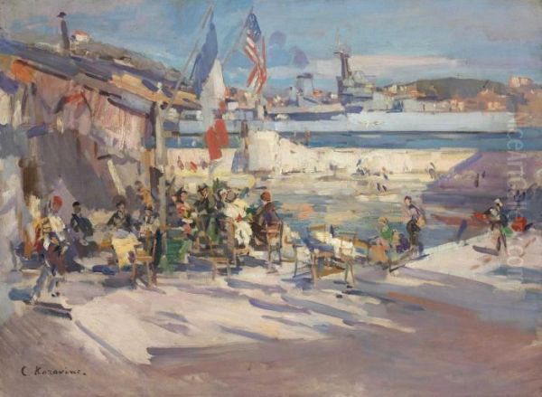 Cafe In A French Port Oil Painting by Konstantin Alexeievitch Korovin