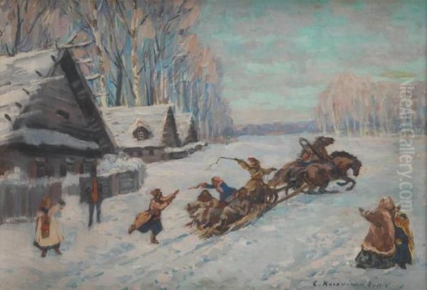 Traineau Attele Dans Un Paysage Enneige Oil Painting by Konstantin Alexeievitch Korovin