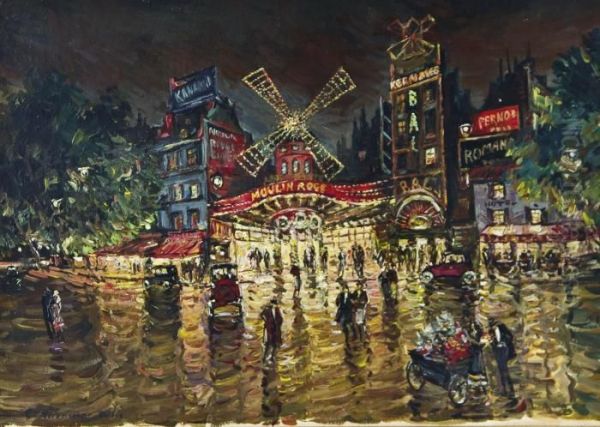 Darstellung Des Pariser Moulin Rouge In Abendlicher Beleuchtung. Oil Painting by Konstantin Alexeievitch Korovin