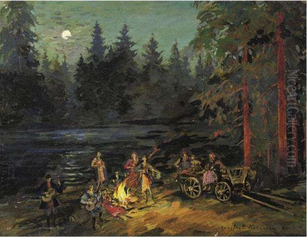 Gypsies By The River, Yaroslavl Gubernia Province Oil Painting by Konstantin Alexeievitch Korovin