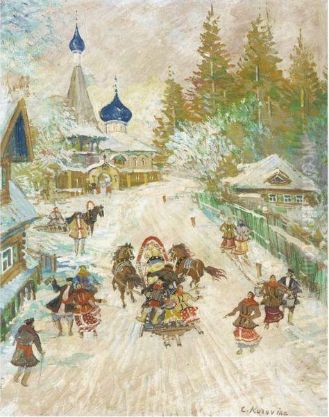 Troika Racing Through A Russian Village Oil Painting by Konstantin Alexeievitch Korovin