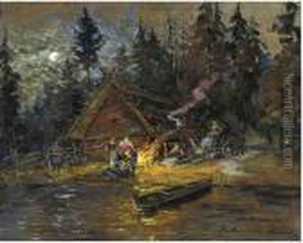 Songs Around The Camp Fire Oil Painting by Konstantin Alexeievitch Korovin