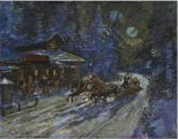 Moonlit Troika Ride Oil Painting by Konstantin Alexeievitch Korovin