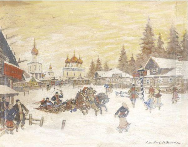 Russian Village In Winter Oil Painting by Konstantin Alexeievitch Korovin