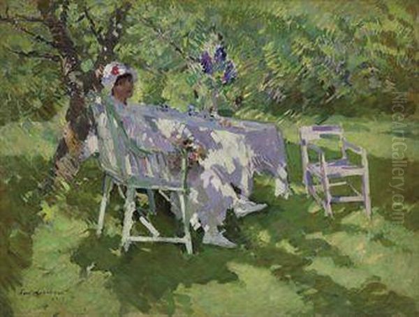 A Lady In White Seated In A Garden by Konstantin Alexeievitch Korovin