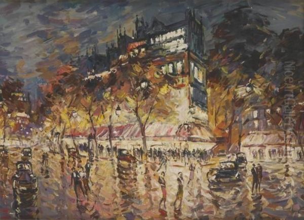 Vue Nocturne De Paris Oil Painting by Konstantin Alexeievitch Korovin