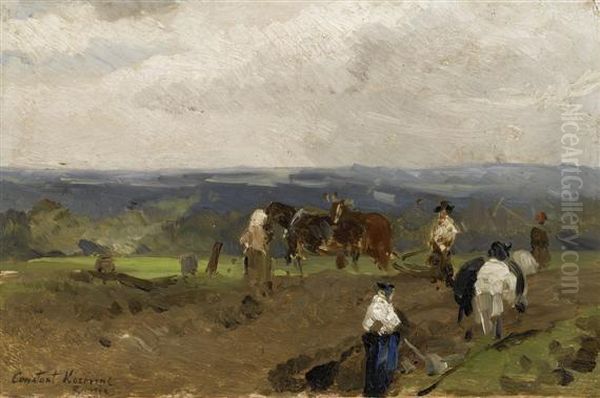 Landscape With Farmworkers Oil Painting by Konstantin Alexeievitch Korovin