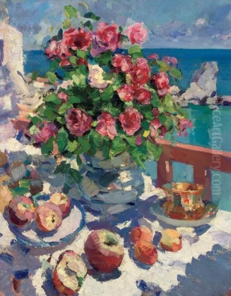 Roses And Apples Oil Painting by Konstantin Alexeievitch Korovin