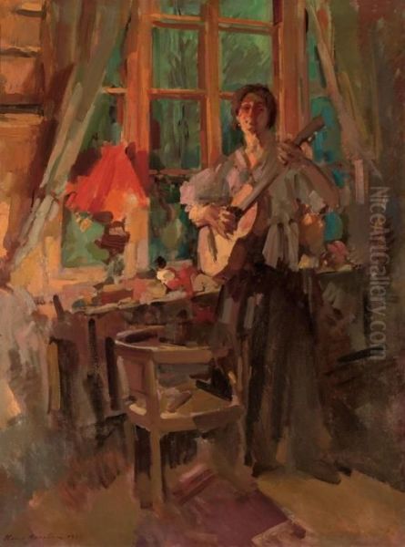 Woman Playing The Guitar Oil Painting by Konstantin Alexeievitch Korovin