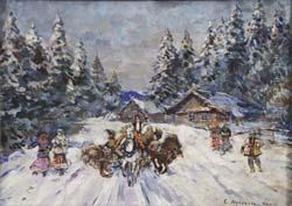 Darstellung Einer Winterlichen 
Dorfszene Mittroikagespann Und Personen In Verschneiter Baumbestandener 
Landschaft. Oil Painting by Konstantin Alexeievitch Korovin