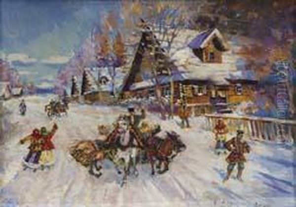 Darstellung Einer Dorflichen 
Szene Mit Troikagespann Und Einheimischen In Verschneiter Umgebung. Oil Painting by Konstantin Alexeievitch Korovin