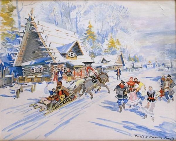 Fete Villageoise Sous La Neige Oil Painting by Konstantin Alexeievitch Korovin