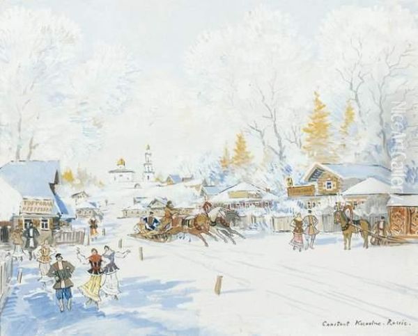 Village Russe Sous La Neige Oil Painting by Konstantin Alexeievitch Korovin