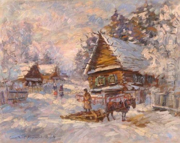 Village In Winter Oil Painting by Konstantin Alexeievitch Korovin