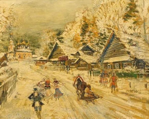 Traineau Dans Un Village Enneige Oil Painting by Konstantin Alexeievitch Korovin