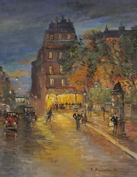 Les Grands Boulevards Animes La Nuit, Paris Oil Painting by Konstantin Alexeievitch Korovin