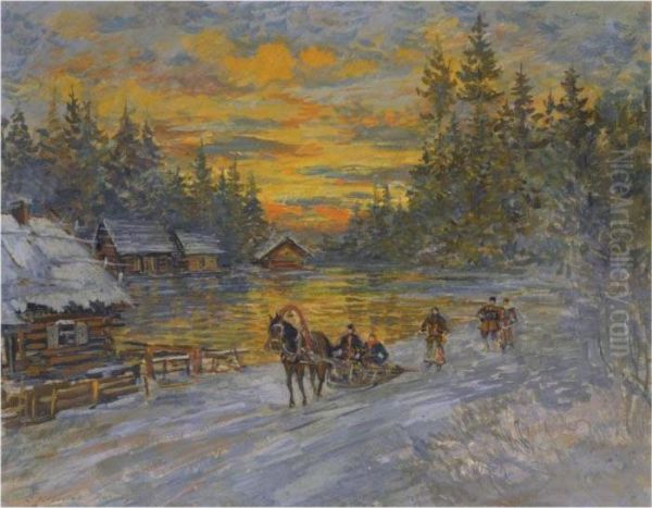 Troika At Sunset Oil Painting by Konstantin Alexeievitch Korovin