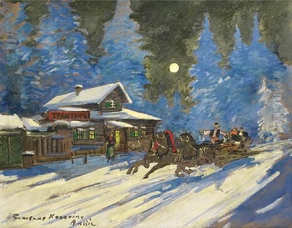 A Winter Sledge Ride Oil Painting by Konstantin Alexeievitch Korovin