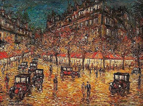 Paris, Scene De Rue La Nuit Oil Painting by Konstantin Alexeievitch Korovin